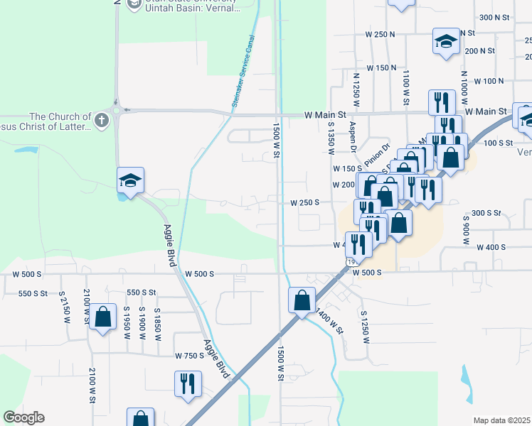 map of restaurants, bars, coffee shops, grocery stores, and more near 354 South 1500 West in Vernal
