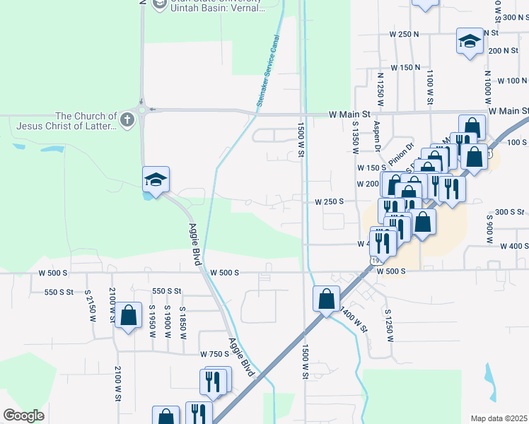 map of restaurants, bars, coffee shops, grocery stores, and more near 300 South 1500 West in Vernal
