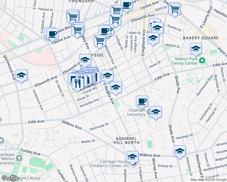 map of restaurants, bars, coffee shops, grocery stores, and more near 5701 Fifth Avenue in Pittsburgh