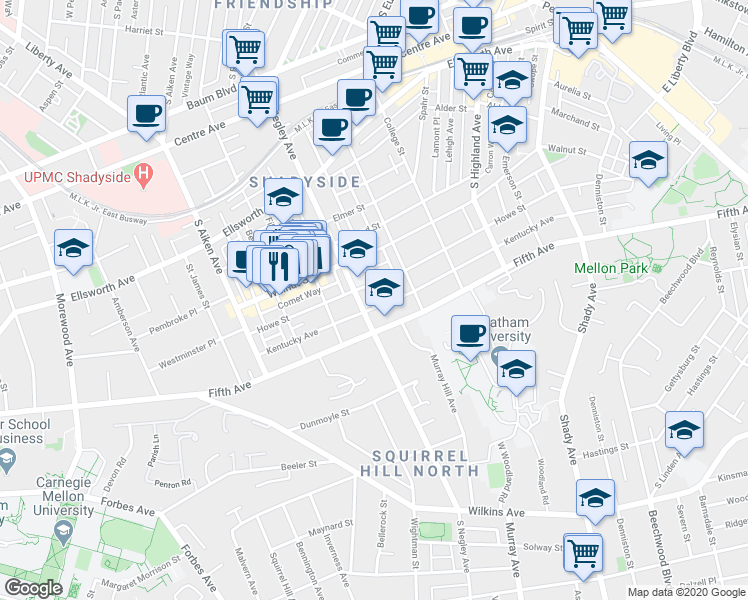 map of restaurants, bars, coffee shops, grocery stores, and more near 5701 Fifth Avenue in Pittsburgh