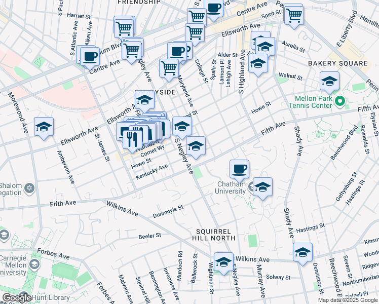 map of restaurants, bars, coffee shops, grocery stores, and more near 5701 Fifth Avenue in Pittsburgh