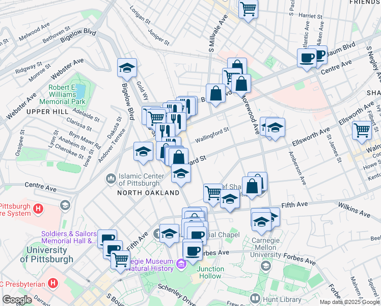 map of restaurants, bars, coffee shops, grocery stores, and more near 501 North Neville Street in Pittsburgh