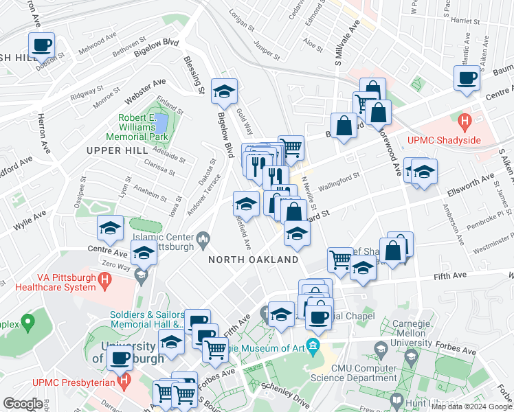 map of restaurants, bars, coffee shops, grocery stores, and more near 259 North Dithridge Street in Pittsburgh