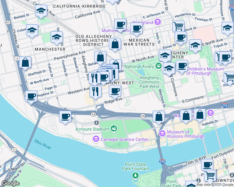 map of restaurants, bars, coffee shops, grocery stores, and more near 850 Ridge Avenue in Pittsburgh
