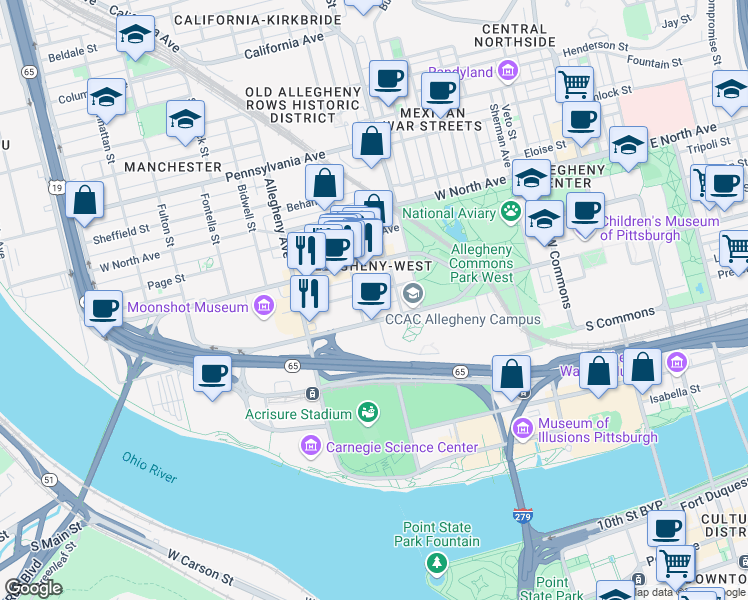 map of restaurants, bars, coffee shops, grocery stores, and more near 852 Ridge Avenue in Pittsburgh