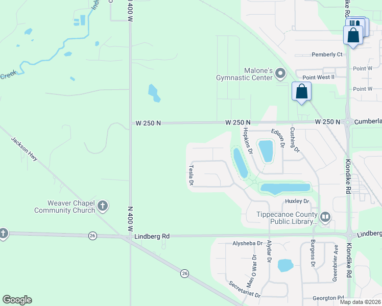 map of restaurants, bars, coffee shops, grocery stores, and more near 3726 Tesla Drive in West Lafayette