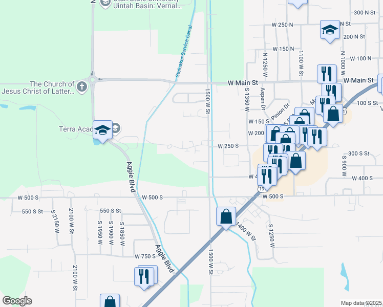 map of restaurants, bars, coffee shops, grocery stores, and more near 1581 West 300 South in Vernal