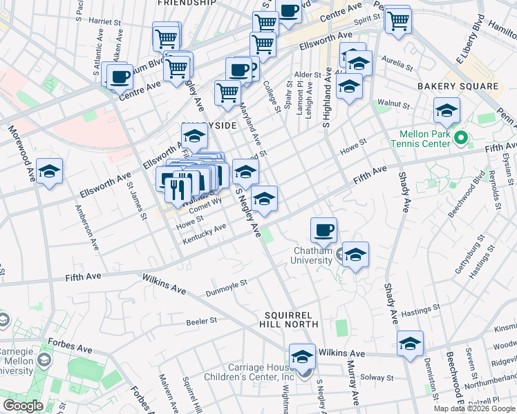 map of restaurants, bars, coffee shops, grocery stores, and more near 5701 Fifth Avenue in Pittsburgh
