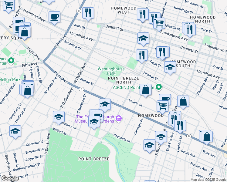 map of restaurants, bars, coffee shops, grocery stores, and more near in Pittsburgh