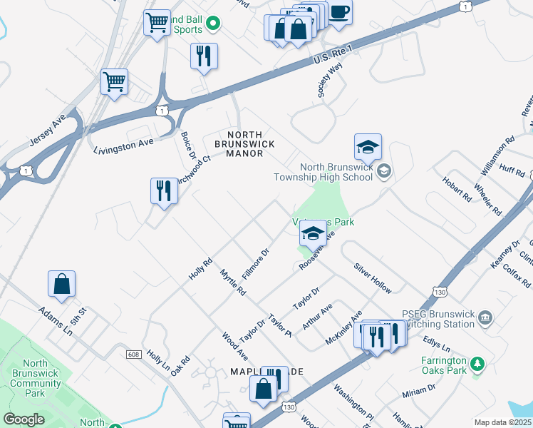map of restaurants, bars, coffee shops, grocery stores, and more near 1584 Holly Road in North Brunswick Township