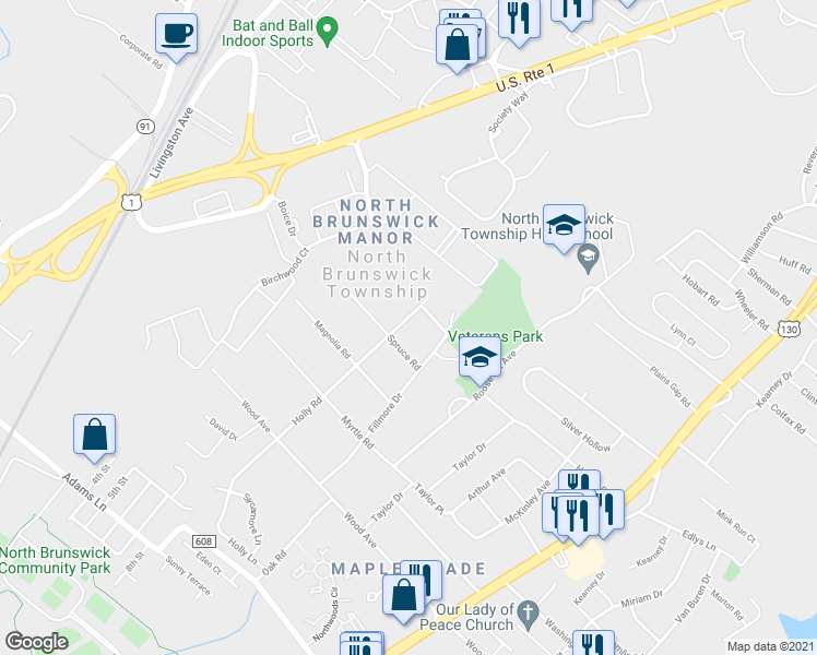 map of restaurants, bars, coffee shops, grocery stores, and more near 1584 Holly Road in North Brunswick Township