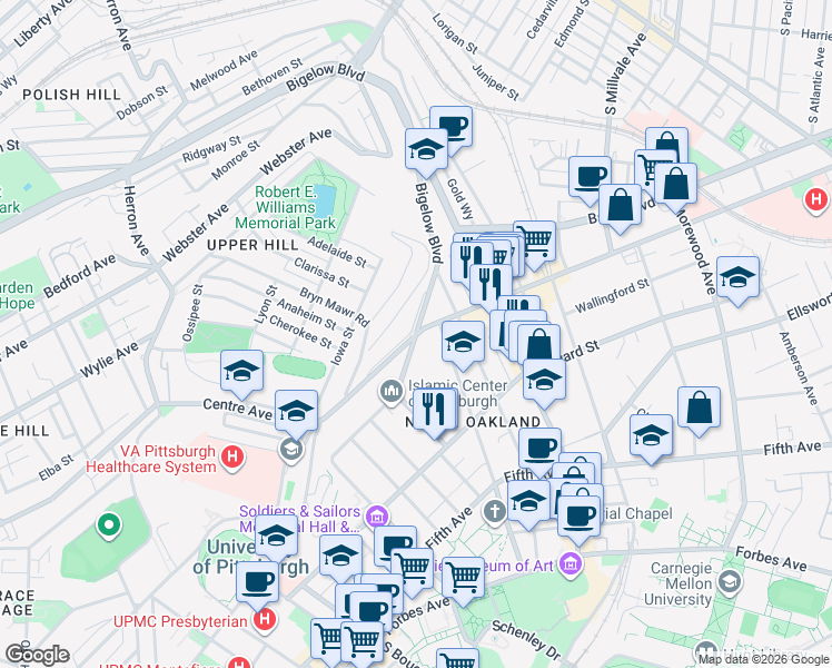 map of restaurants, bars, coffee shops, grocery stores, and more near Bigelow Boulevard & Centre Avenue in Pittsburgh
