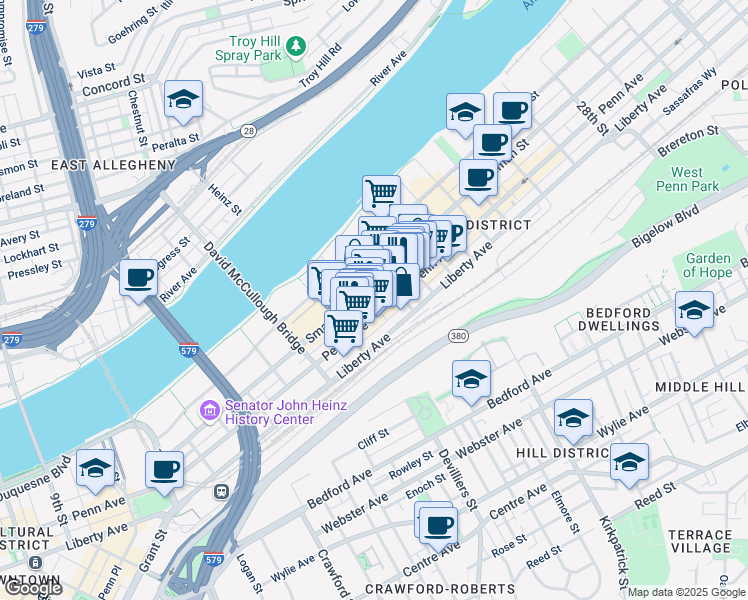 map of restaurants, bars, coffee shops, grocery stores, and more near 1808 Penn Avenue in Pittsburgh