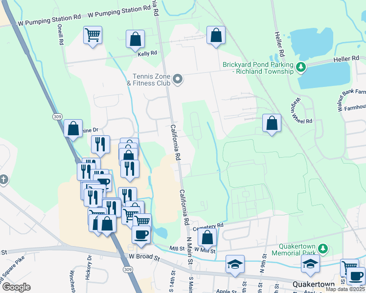 map of restaurants, bars, coffee shops, grocery stores, and more near 297 California Road in Quakertown