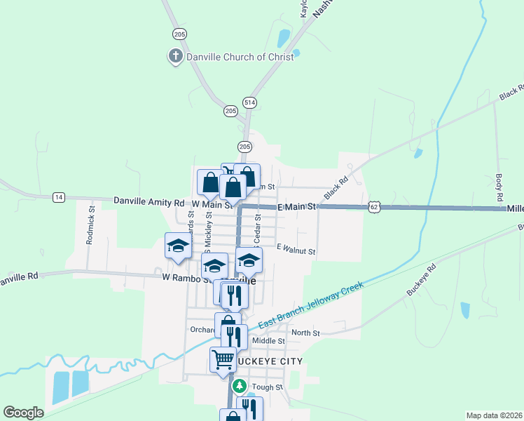 map of restaurants, bars, coffee shops, grocery stores, and more near 101 Cedar Street in Danville