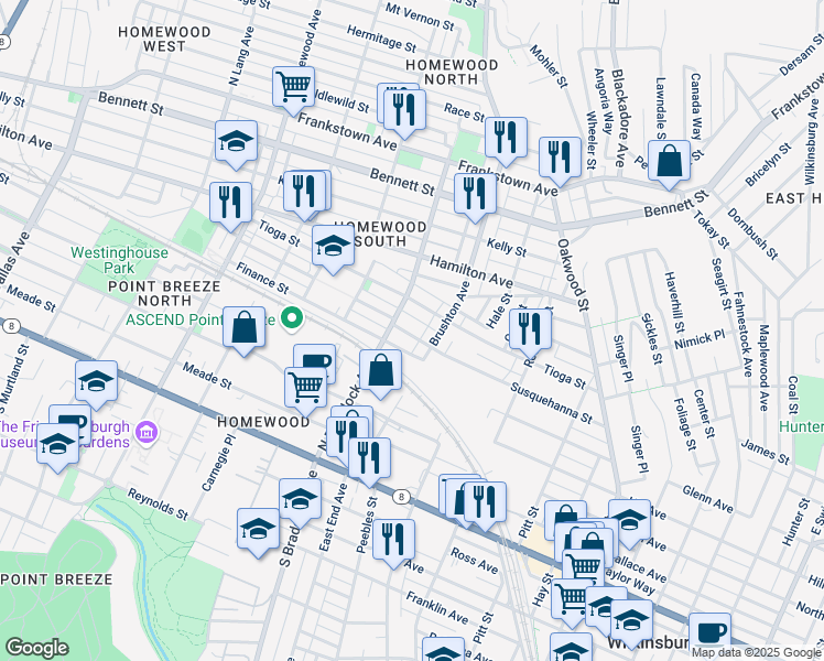 map of restaurants, bars, coffee shops, grocery stores, and more near 7626 Susquehanna Street in Pittsburgh
