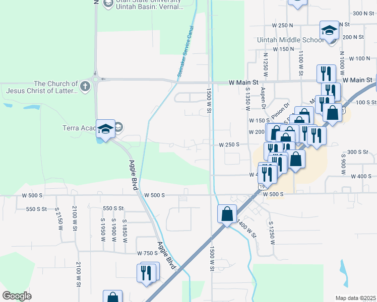 map of restaurants, bars, coffee shops, grocery stores, and more near 1601 West 300 South in Vernal