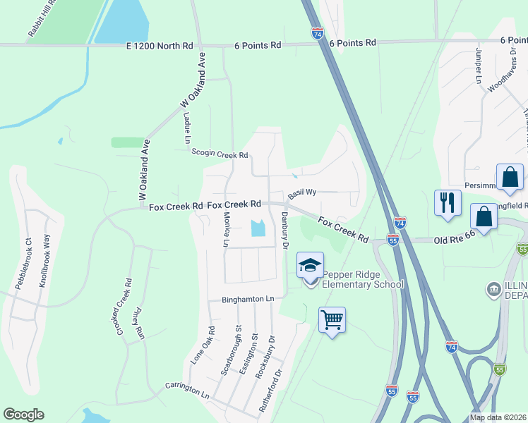 map of restaurants, bars, coffee shops, grocery stores, and more near 2401 Savanna Road in Bloomington