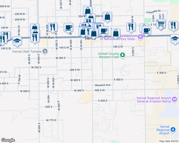 map of restaurants, bars, coffee shops, grocery stores, and more near 25 West 300 South in Vernal