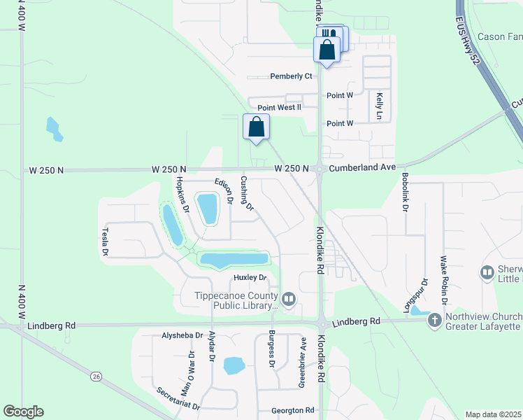 map of restaurants, bars, coffee shops, grocery stores, and more near 2357 Cushing Drive in West Lafayette