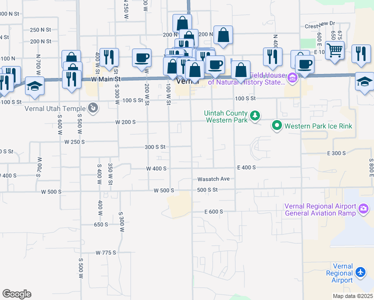 map of restaurants, bars, coffee shops, grocery stores, and more near 314 South Vernal Avenue in Vernal