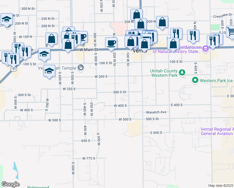 map of restaurants, bars, coffee shops, grocery stores, and more near 193 West 300 South in Vernal