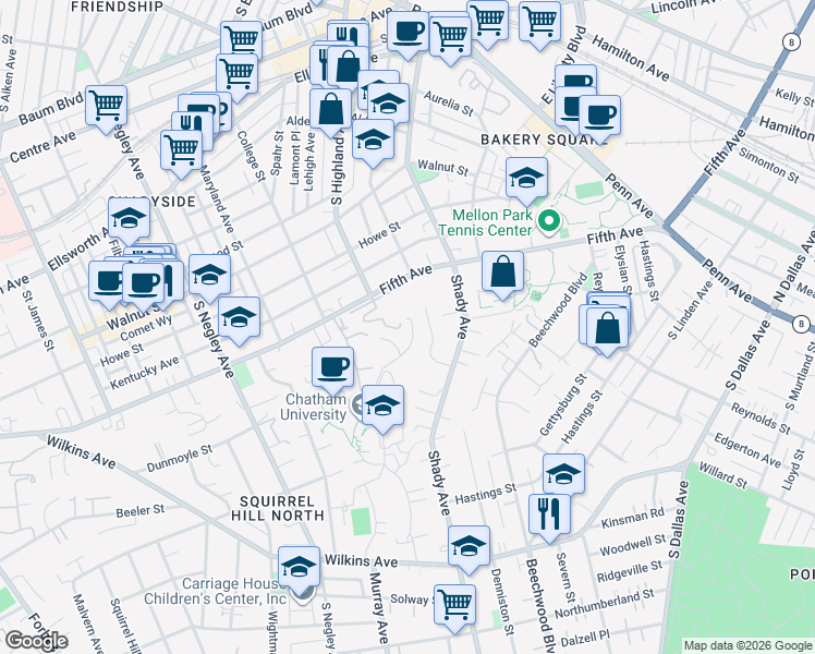 map of restaurants, bars, coffee shops, grocery stores, and more near 79 Woodland Road in Pittsburgh