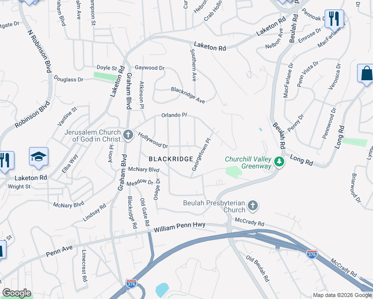 map of restaurants, bars, coffee shops, grocery stores, and more near 1644 Jamestown Place in Pittsburgh
