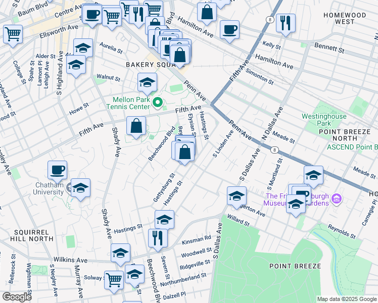map of restaurants, bars, coffee shops, grocery stores, and more near 350 Hastings Street in Pittsburgh