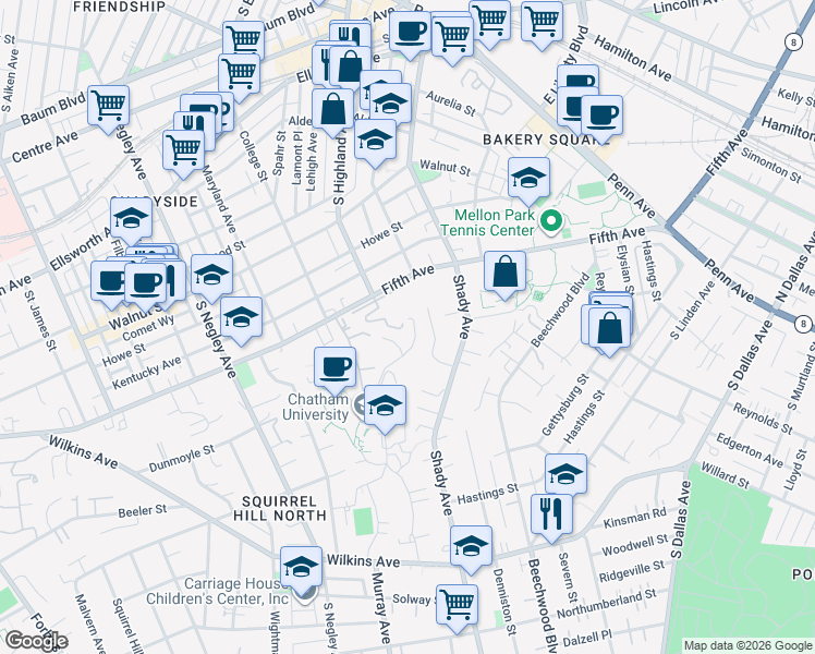 map of restaurants, bars, coffee shops, grocery stores, and more near 79 Woodland Road in Pittsburgh