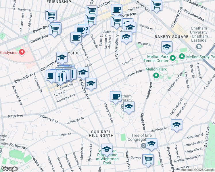 map of restaurants, bars, coffee shops, grocery stores, and more near 5830 Fifth Avenue in Pittsburgh