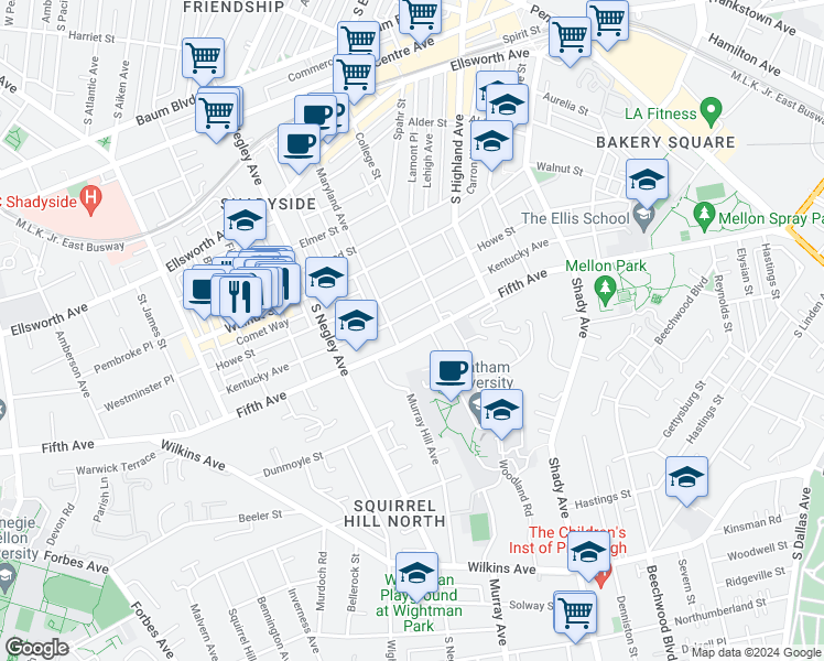 map of restaurants, bars, coffee shops, grocery stores, and more near 5780 Fifth Avenue in Pittsburgh