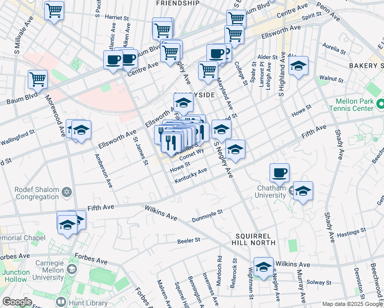 map of restaurants, bars, coffee shops, grocery stores, and more near 5518 Walnut Street in Pittsburgh