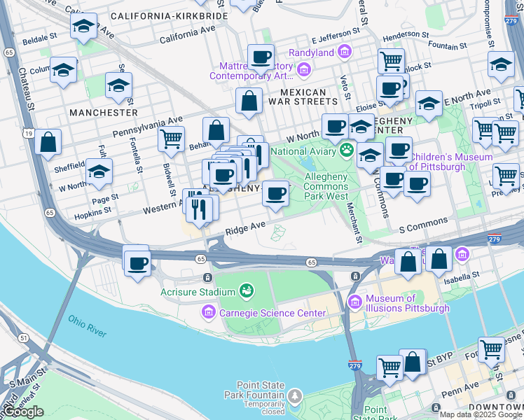 map of restaurants, bars, coffee shops, grocery stores, and more near 826 Ridge Avenue in Pittsburgh