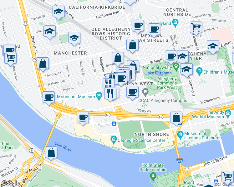 map of restaurants, bars, coffee shops, grocery stores, and more near 930 North Lincoln Avenue in Pittsburgh