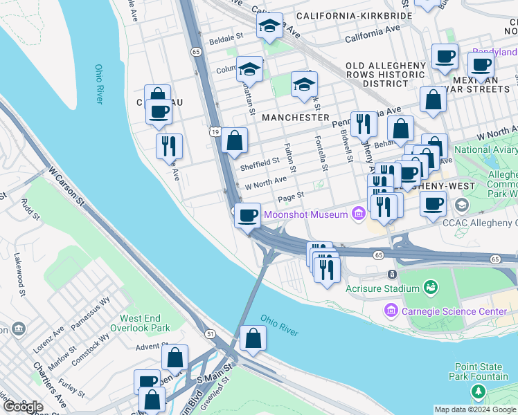 map of restaurants, bars, coffee shops, grocery stores, and more near in Pittsburgh