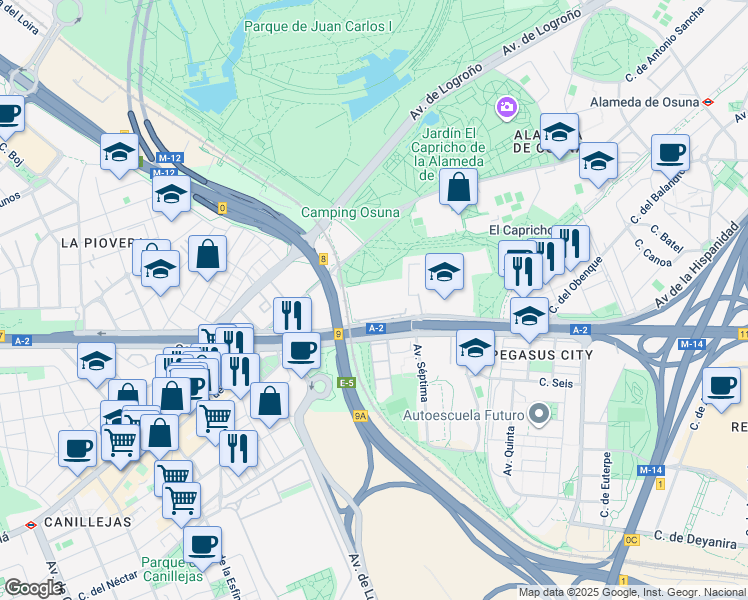map of restaurants, bars, coffee shops, grocery stores, and more near 115 Avenida de América in Madrid