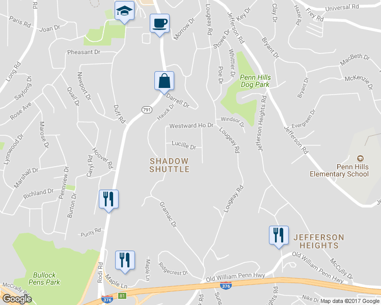 map of restaurants, bars, coffee shops, grocery stores, and more near 131 Lucille Drive in Pittsburgh