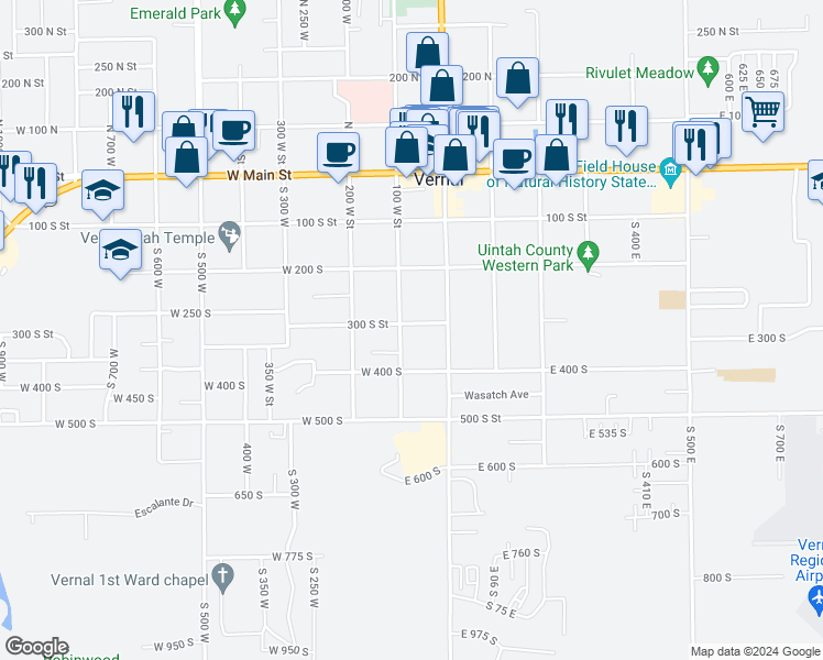 map of restaurants, bars, coffee shops, grocery stores, and more near 71 West 300 South in Vernal