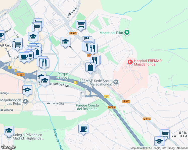 map of restaurants, bars, coffee shops, grocery stores, and more near 50 Carretera de Pozuelo in Majadahonda