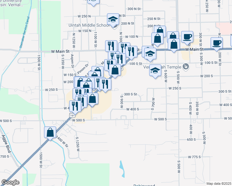 map of restaurants, bars, coffee shops, grocery stores, and more near 941 West 300 South in Vernal