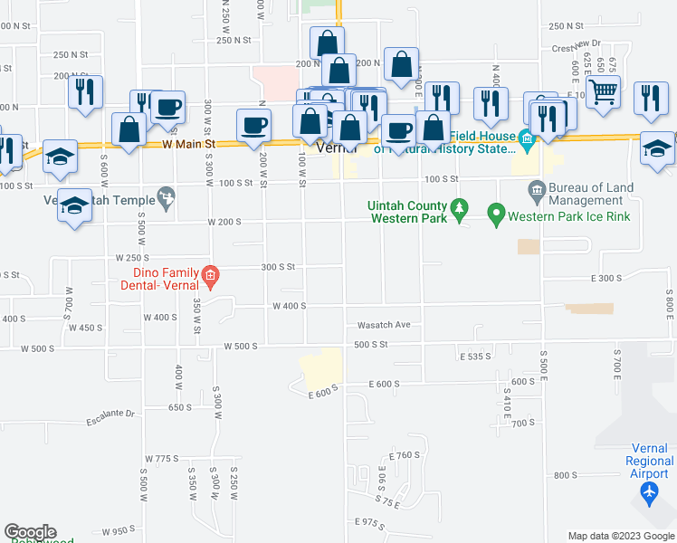 map of restaurants, bars, coffee shops, grocery stores, and more near 11 West 300 South in Vernal