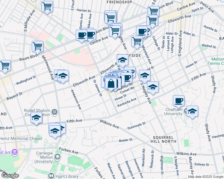 map of restaurants, bars, coffee shops, grocery stores, and more near 5418 Walnut Street in Pittsburgh