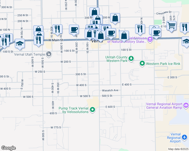 map of restaurants, bars, coffee shops, grocery stores, and more near 41 West 300 South in Vernal