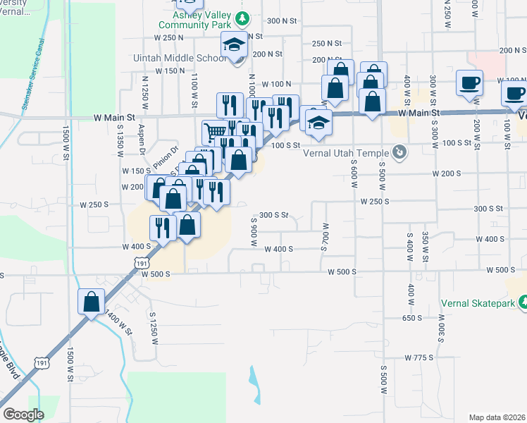 map of restaurants, bars, coffee shops, grocery stores, and more near 874 West 300 South in Vernal
