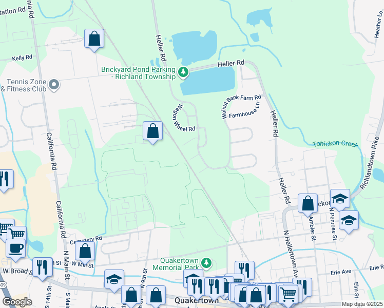 map of restaurants, bars, coffee shops, grocery stores, and more near 1224 Garden Court in Quakertown