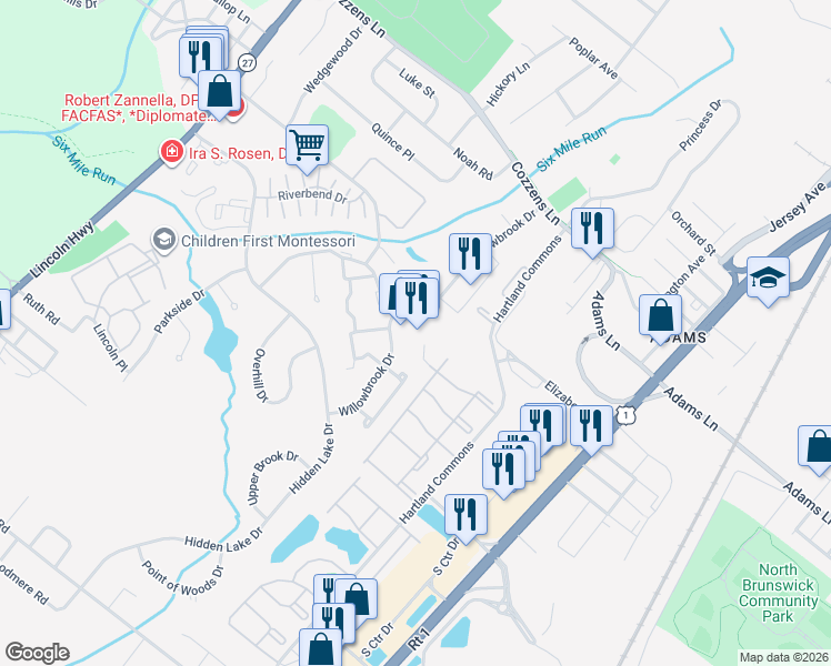 map of restaurants, bars, coffee shops, grocery stores, and more near 4-8 Towne Center Drive in North Brunswick Township