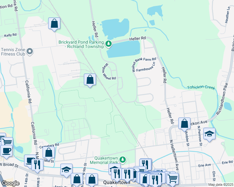 map of restaurants, bars, coffee shops, grocery stores, and more near 1224 Garden Court in Quakertown