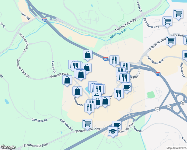 map of restaurants, bars, coffee shops, grocery stores, and more near in Pittsburgh