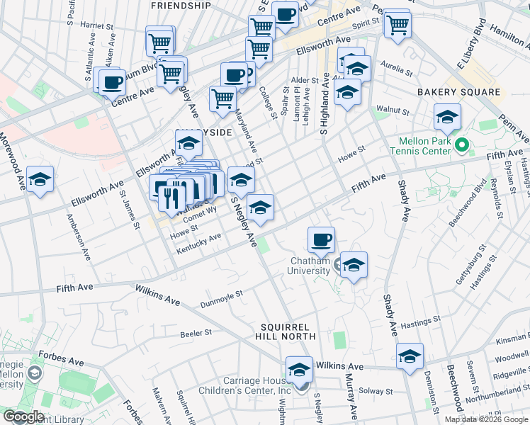 map of restaurants, bars, coffee shops, grocery stores, and more near 5701 Fifth Avenue in Pittsburgh
